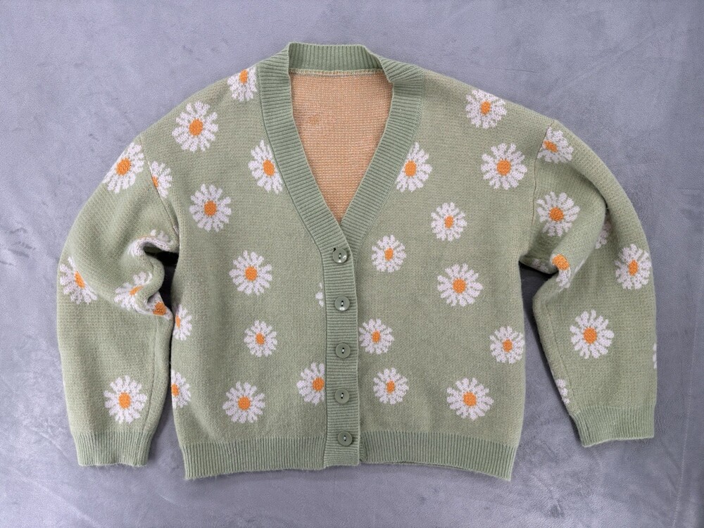 Unbranded Women's Light Green Floral Print Daisy Cardigan Sweater